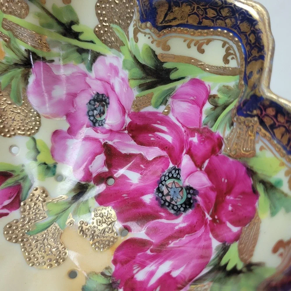 Antique Nippon Berry Strainer Bowl Cobalt Gold Moriage Hand Painted Poppies